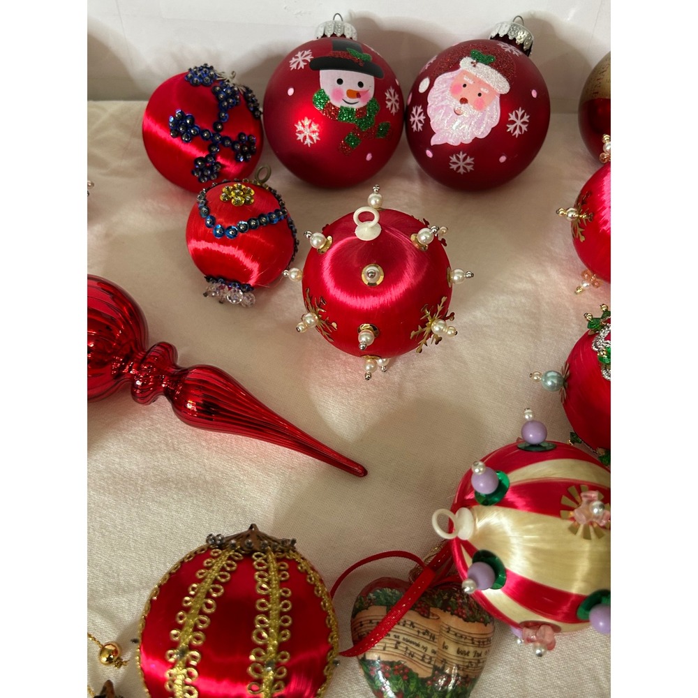 Christmas Ornaments Bulk Lot Vintage Red Satin Beaded Sequin Santa Snowman 15pc